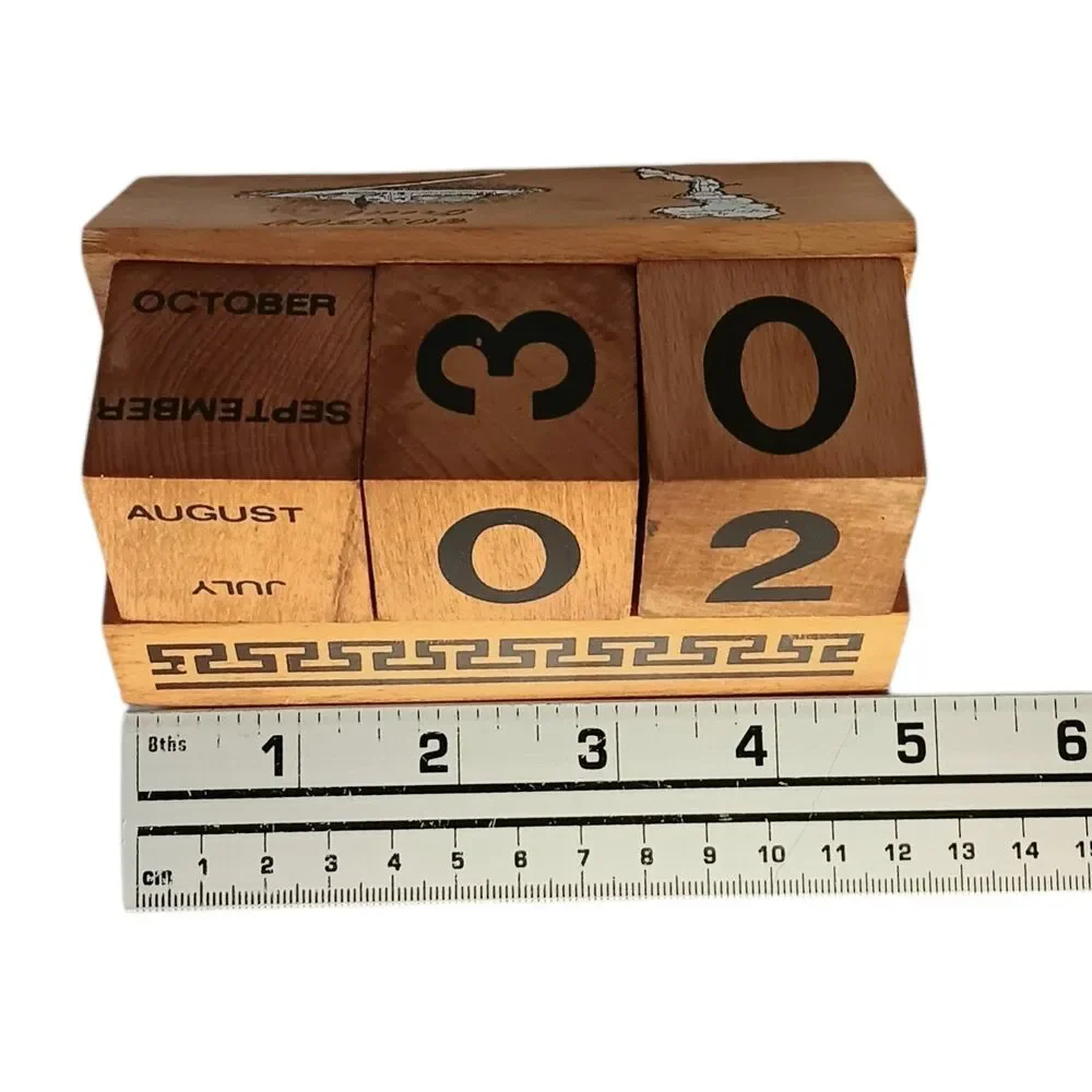 VTG Wood Block Perpetual Calendar Desk From Greece Brown & Black 4.75 x 3.5 x 2